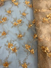 Andrea ANTIQUE GOLD 3D Floral Matte Corded Embroidery on Mesh Lace Fabric by th