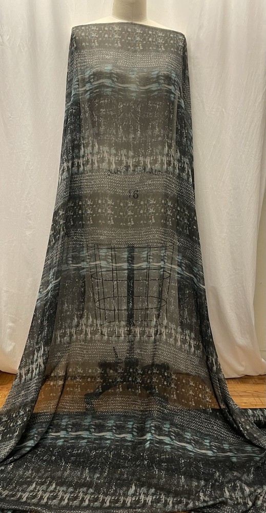 Poly Rayon Fluid Organza Deep Charcoal Teal Abstract Ikat Fabric By The Yard 60″