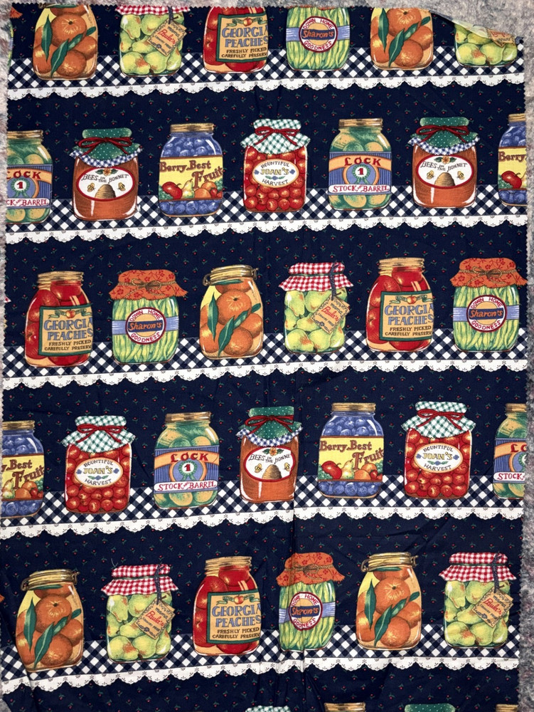 Vtg 1993 Sharon Kessler Canning Jars Navy Blue Cotton Fabric Remnant~ 31″ x 22″