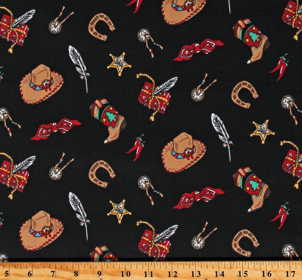 Cotton Cowboy Gear Hats Boots Western Black Fabric Print by the Yard D464.54