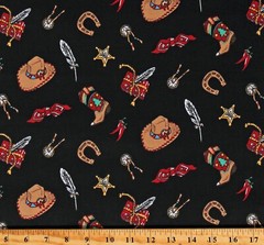 Cotton Cowboy Gear Hats Boots Western Black Fabric Print by the Yard D464.54
