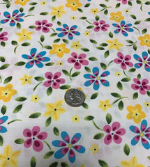 OOP Floral Fabric Pink Yellow Green Fuchsia Turquoise Blue On White Cotton 1+Yds