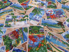 1 yd Tropical Vacation Fabric D#12386 Cotton 42 inches wide Postcards Birds Boat
