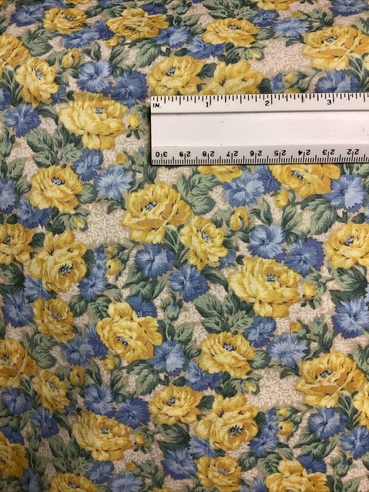 Cotton Quilting Fabric Yellow Roses & Blue Bachelors Buttons 1 Yard + 42” Wide