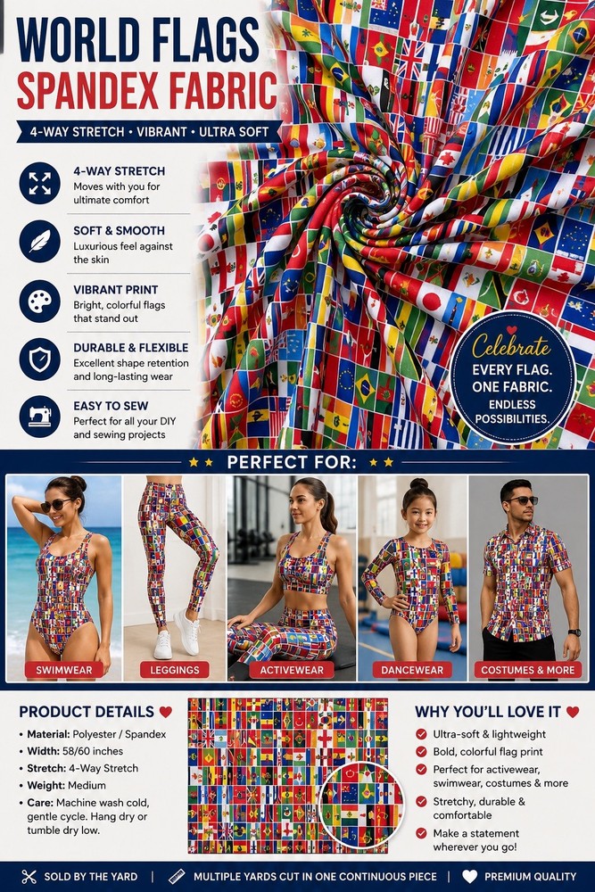 World Flags Spandex Fabric – International Flag Print 4-Way Swimwear Activewear