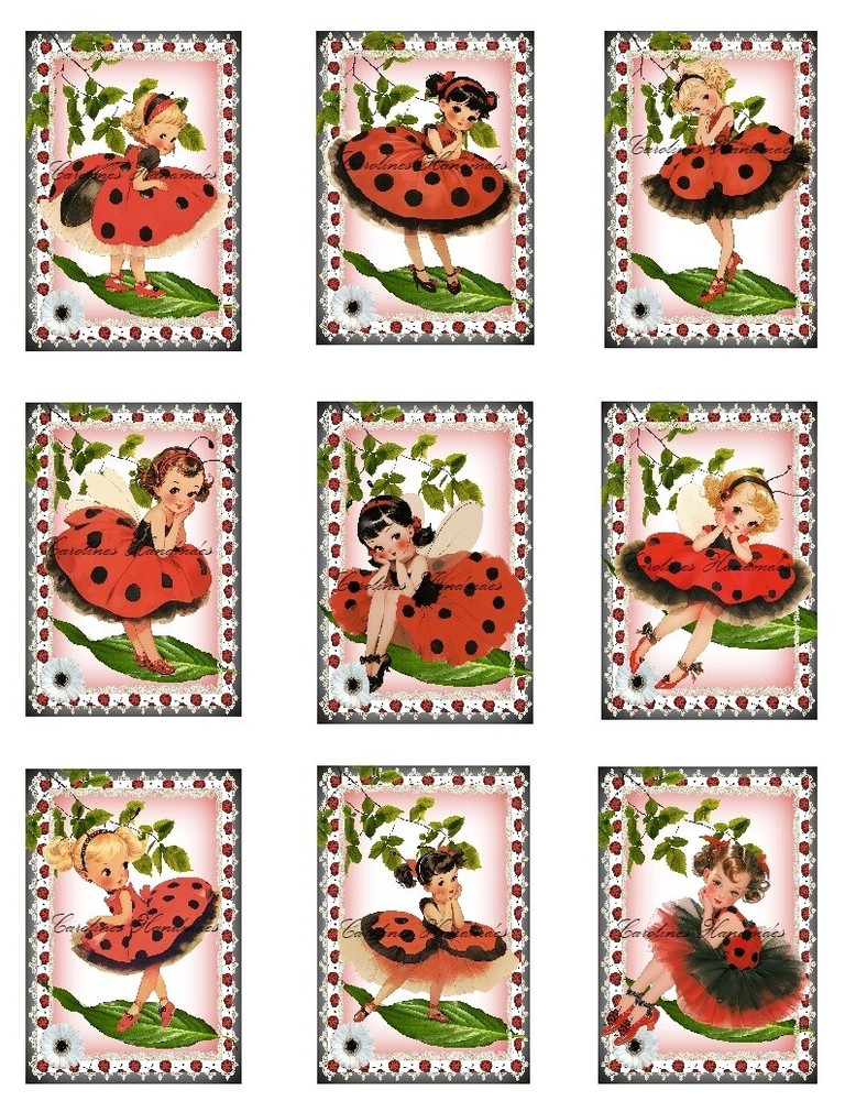 Cute Retro Lady Bug Girl Fairy A MULTI-SIZE SET Cotton Fabric Quilt Blocks