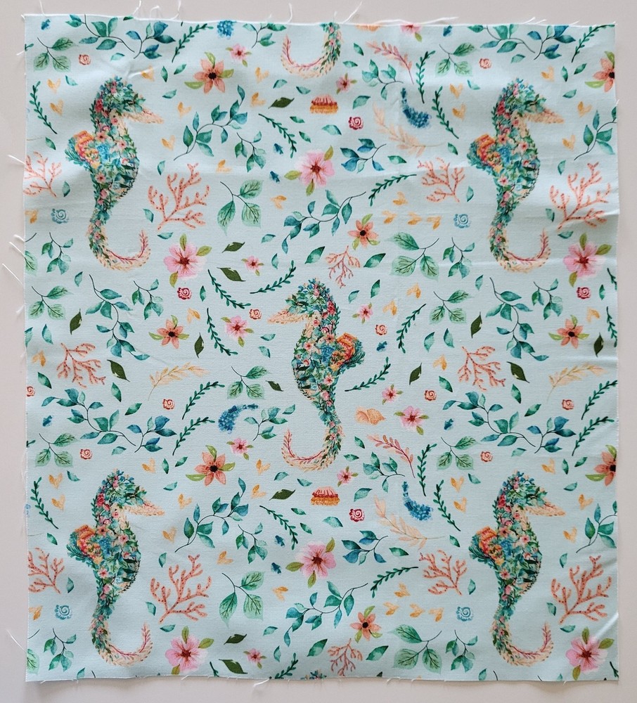 Fabric Cotton Pic B -Seahorse Flowers Leaves on Lt Green- 14 1/4″ L x 12 3/4″ W