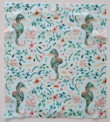 Fabric Cotton Pic B -Seahorse Flowers Leaves on Lt Green- 14 1/4″ L x 12 3/4″ W