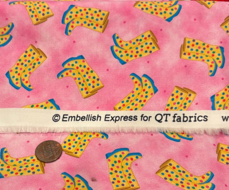 Polka-Dotted Rain Boots on Tonal Pink * QT Fabrics * 100% Cotton * 8″ x 21″