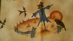 Fabric Red Rooster 2 Pc Fall Design w/Scarecrow Pumpkins & Blackbirds $3.25