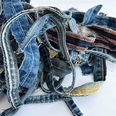 Denim Scraps *Seams and Hems* over 20 Yards Total Length Blue Jean Fabric Pieces