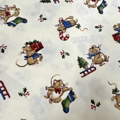 Christmas Mice Print Fabric Hanging Stockings Pulling Sled Candy Cane 39″ x 43″