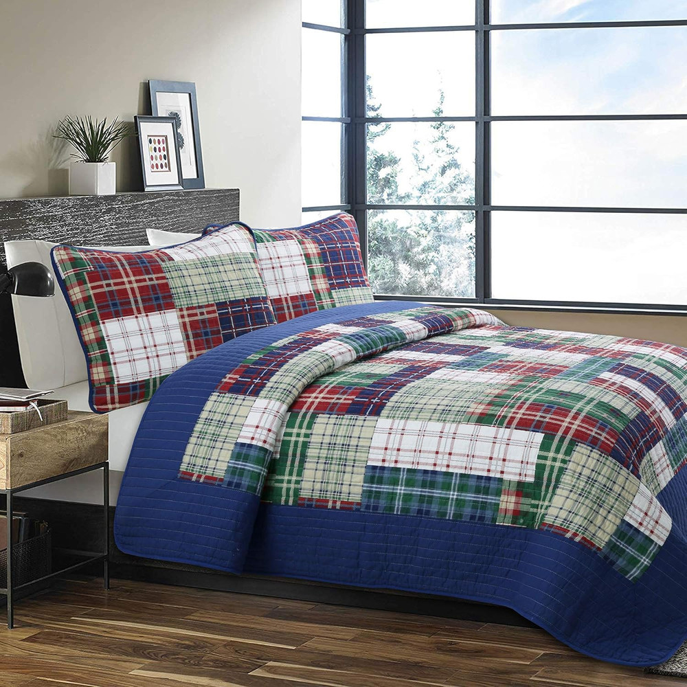 Navy Blue Green Red Plaid 100% Cotton Quilt Bedding Set, Reversible Coverlet, Be