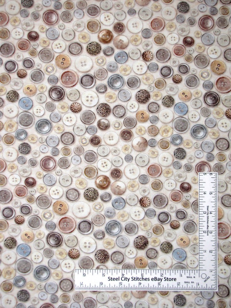 Sewing Themed Button Toss Ecru Cream Cotton Fabric QT Couture By The Yard