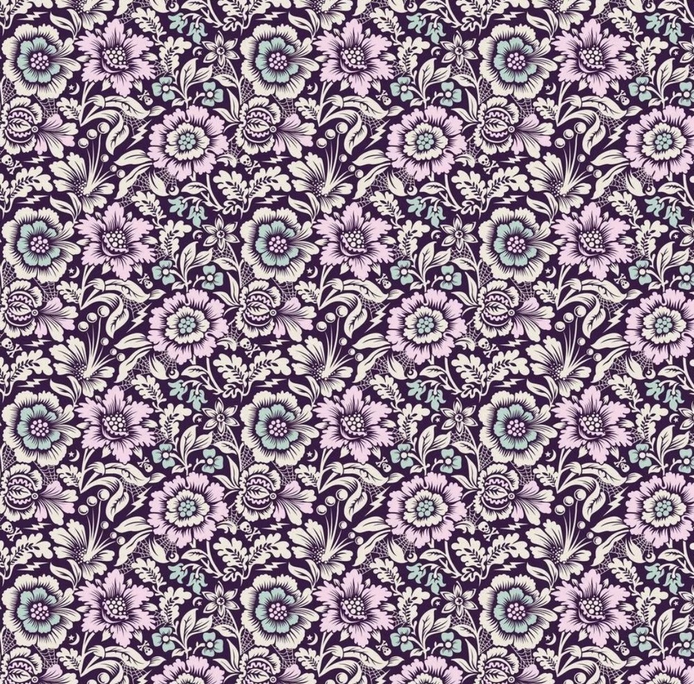 TULA PINK NIGHTSHADE DEJA VU Mini Spider Bloom Neri HALLOWEEN FABRIC BTY
