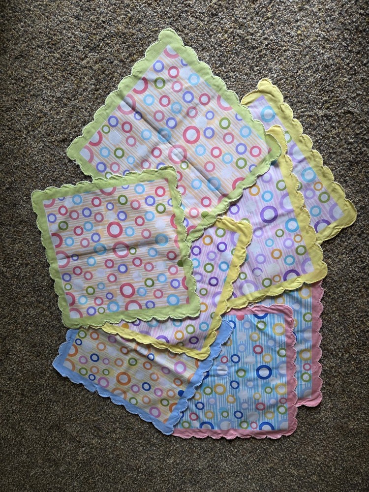 8 Square 12 X 12 Fabric With Scalloped Edges. Circles Green Yellow Pink Blue