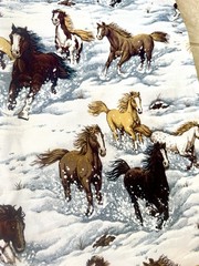 Horses In The Snow, Snowy Canyon. Grey. Brown. Tan.White Cotton Fabric Per Yard