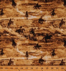 Cotton Horses Cowboys Western Brown Cotton Fabric Print by the Yard D364.63