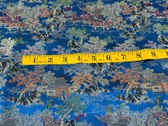 6yds Japanese Temple Courtyard Blue Silk Brocade Fabric Cherry Blossom Vtg READ!