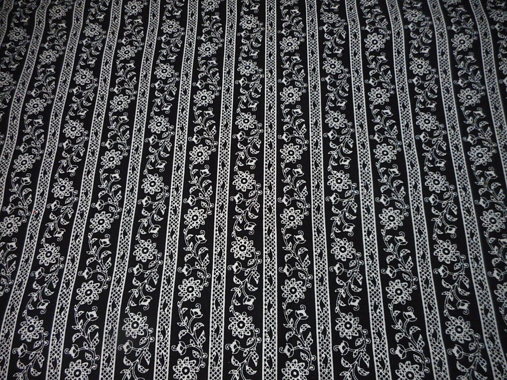 Floral Fabric By The Yard White Lacy Flowers & Wht Lacy Stripes Black Cotton #C