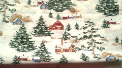 Fabric Red Rooster “First Snowfall” Green Trees and Outbuildings in Snow $5.00