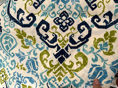 2.5YD Vtg Lime Green NavyAqua Blue White Crewel SOLARIUM UPHOLSTERY FABRIC 55X90