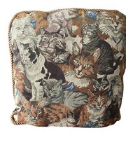 Cat Tapestry Throw Pillow Siamese Persian Tabby Black Ginger Cats Rope Edge 16”