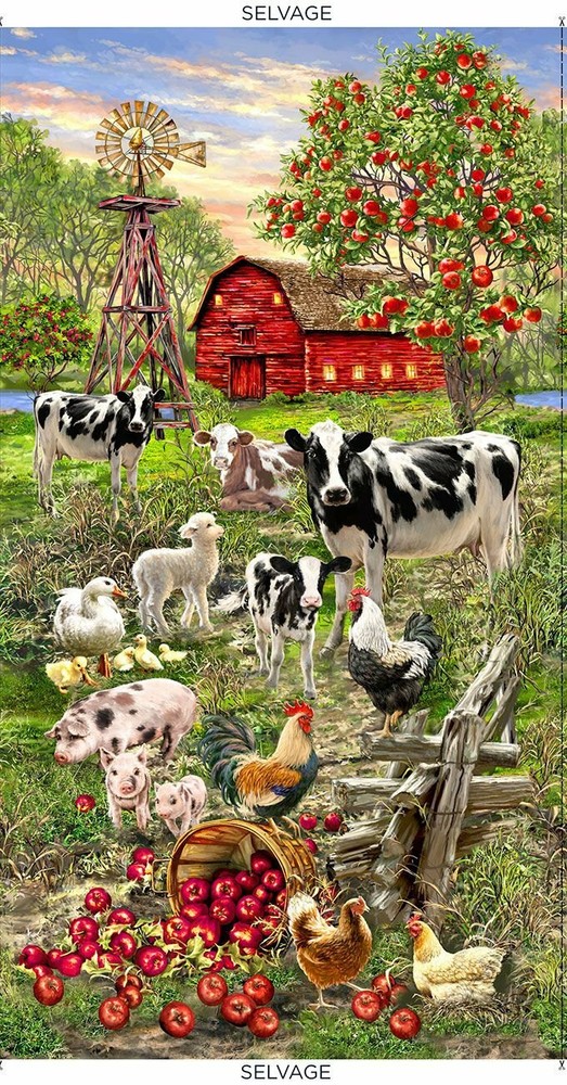 Timeless Treasures ~ Farm Animals Red Barn Cows ~ 100% Cotton Fabric Quilt Panel