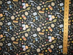 SEWING ITEMS THREAD SCISSORS MEASURING TAPE PIN CUSHION BLACK COTTON FABRIC FQ