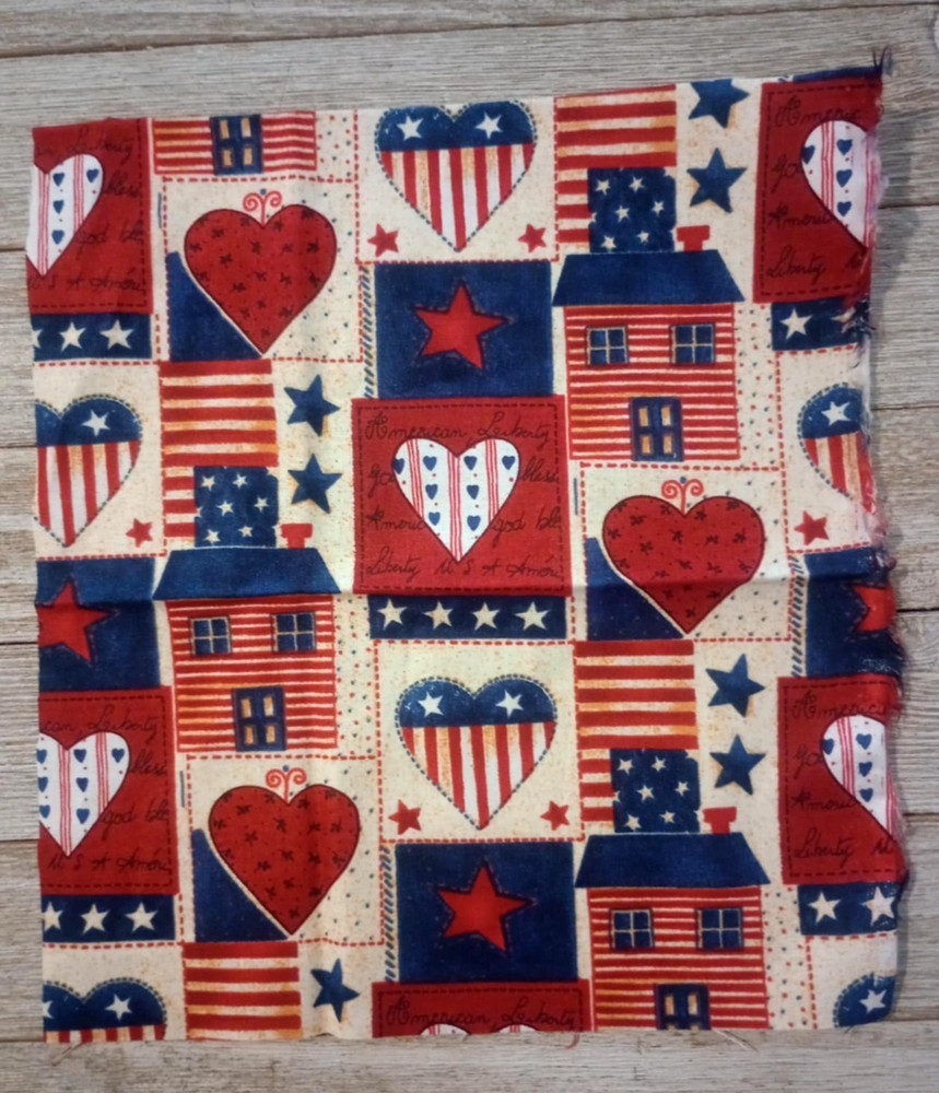 Patriotic Stars Flags Hearts Fabric 8″ X 7″ Sewing Crafting Piece New