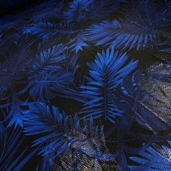 No-Stretch Blue Leaves Hologram Foil Print Nylon Spandex Fabric 4 Way Stretc