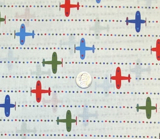 Lil Aviator, Red Blue & Green Planes on White Fabric, By Half Yard