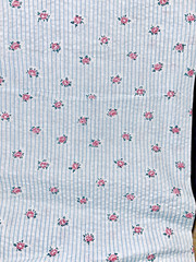 VTG 36″wide Stripes of Blue on White w/Tiny Pink Rose Pucker Print BTFQ