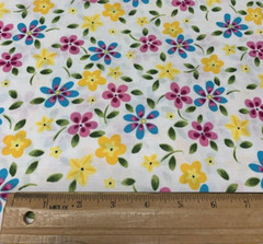 OOP Floral Fabric Pink Yellow Green Fuchsia Turquoise Blue On White Cotton 1+Yds