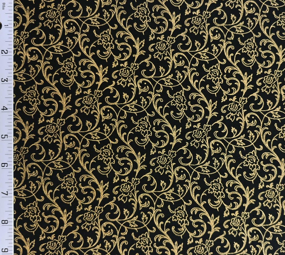 Black Gold Scroll Filigree Damask 100% Cotton Fabric Classic – Remnants