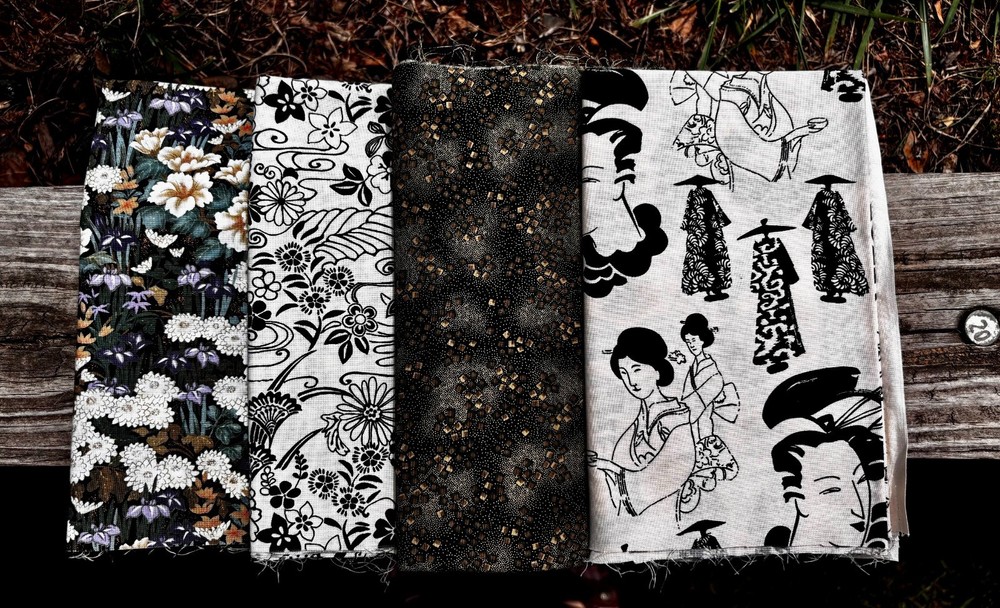 4 Japanese Cotton Fabrics cream black Geishas Chrysanthemums 2 yards Bundle