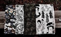 4 Japanese Cotton Fabrics cream black Geishas Chrysanthemums 2 yards Bundle