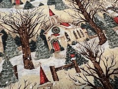 SUSAN WINGET Winter Church Scenic SNOW FALLING Bare TREES Red Cardinals BTY 44″W