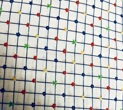 VTG Yellow Red Green Florals on Squares of Blue on White 44″ X 20″