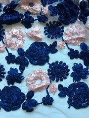 60″ Wide 3D Ribbon Flowers Embroidered Fabric with White Mesh Base for Sewing