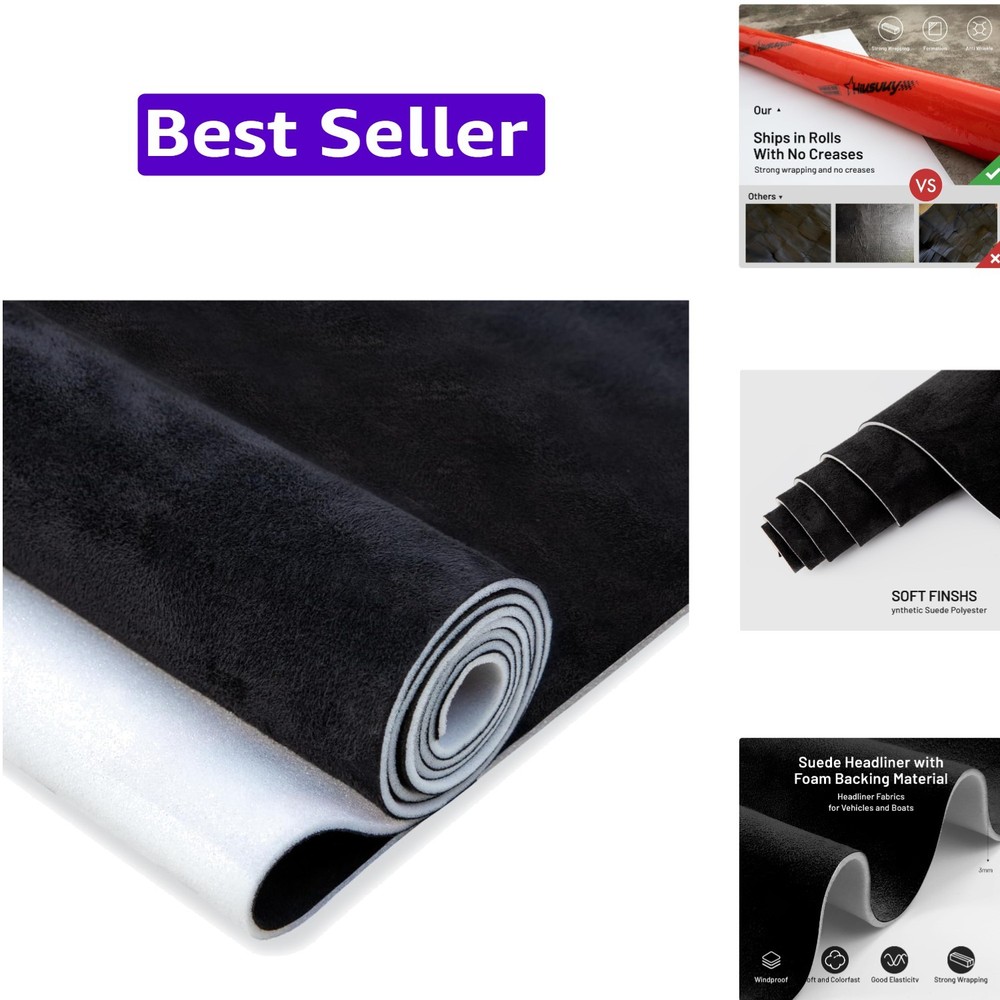 Suede Auto Headliner Fabric 54″ L × 60″ W with Foam Backing – Black Interior …