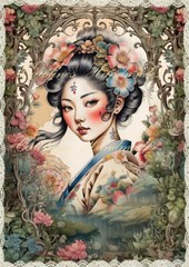 Pretty Geisha Girl A Designer Cotton Fabric Quilt Block Multi-size