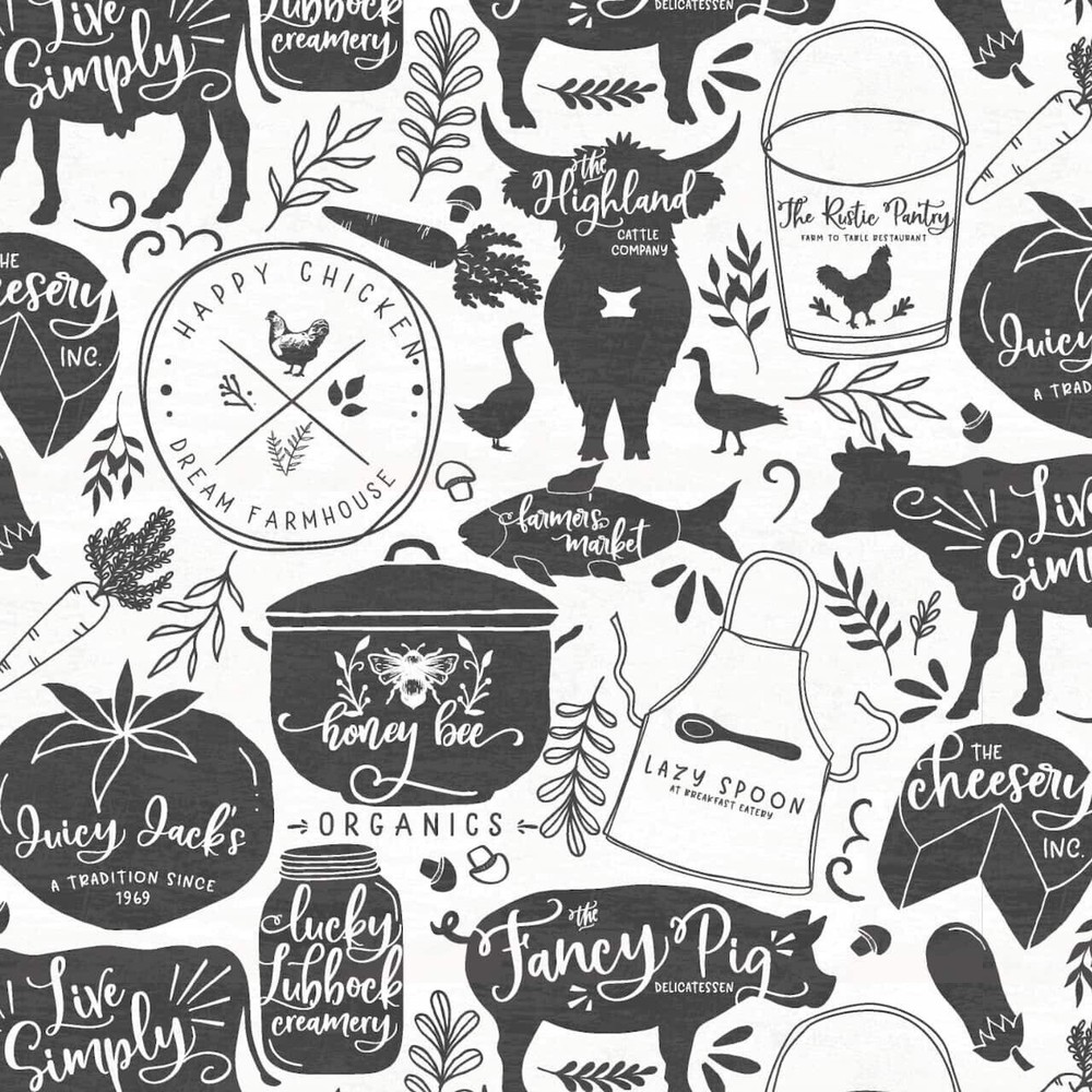 Novelty Cotton Fabric 1 Yrd Precut Loops & Threads Black/White Farmhouse Animals
