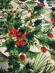 Vintage Christmas Fabric Spring Mills Red Green Holly Berry Pine 2 Pieces