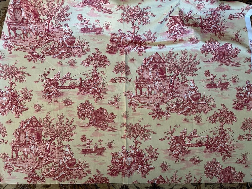 Red French Toile Scenic Cotton Upholstery Fabric 56″W – Vintage, By the Yard