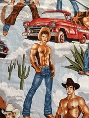 Alexander Henry Wranglers Shirtless Cowboy Fabric Sexy Country Truck Yd Blue