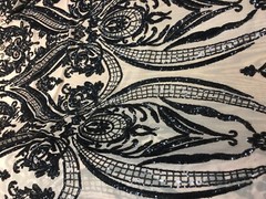 Victorian Egg/Tulip, Black on nude Big Print, Sequin, 4-way Stretch, Fabric 55″