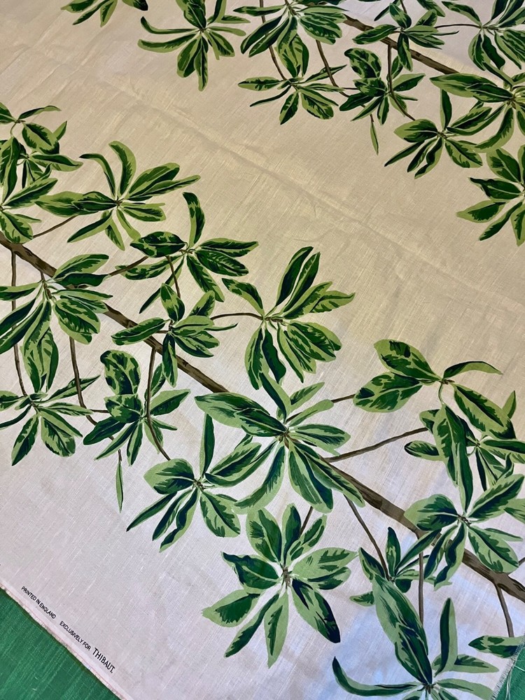 1.5 yards Thibaut Mangrove Tree Green & White Fabric Linen Cotton Tropical Leaf