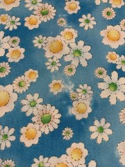 Daisy Floral Fabric By RED Original Designs White Yellow On Distressed Blue BTHY