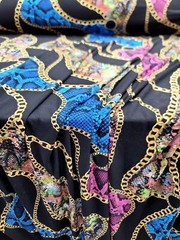 Blue and Yellow Snake Animal Print on Black Spandex Knit Fabric by the Yard